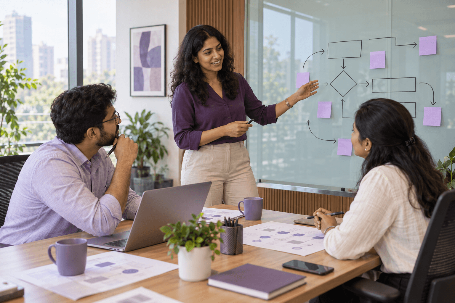 Illustration of a business team reviewing information together during a discovery workshop.