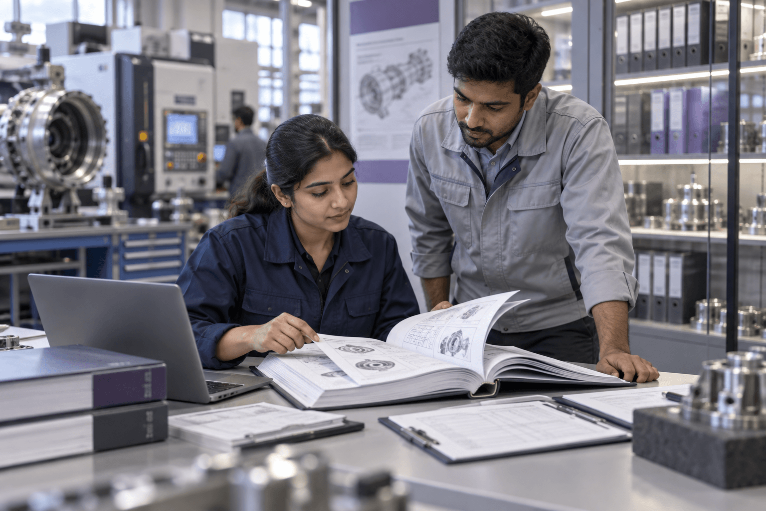 AI-generated illustration of civilian technical engineers reviewing manuals and inspection records in an industrial workspace.