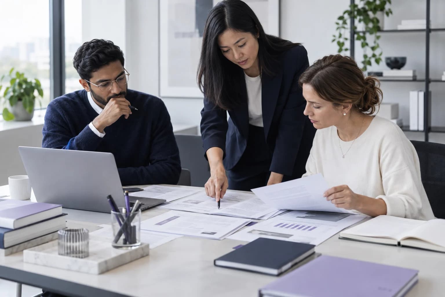 AI-generated scene of business professionals reviewing source evidence together.