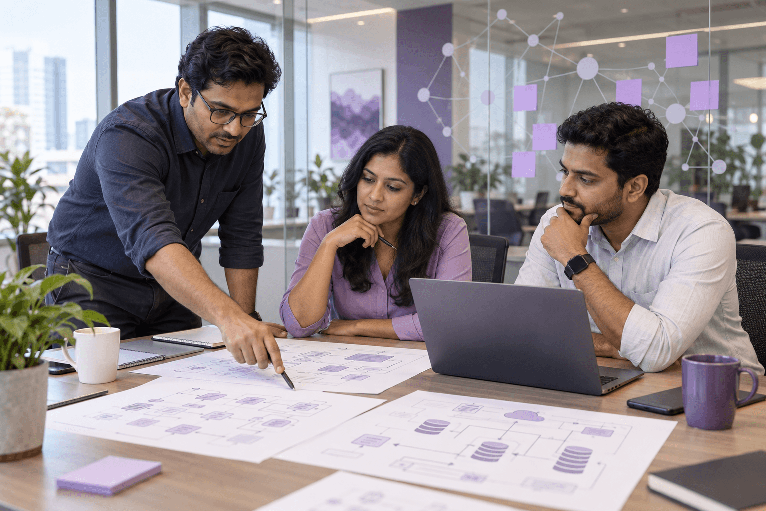 AI-generated illustration of enterprise architects collaborating on system design in a workshop.