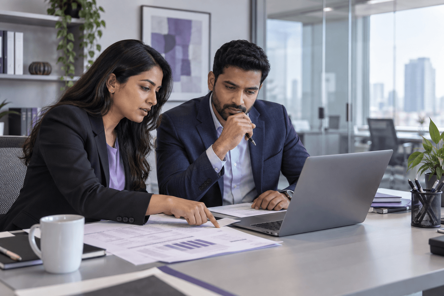 Illustration of finance professionals reviewing account information and financial documents together.