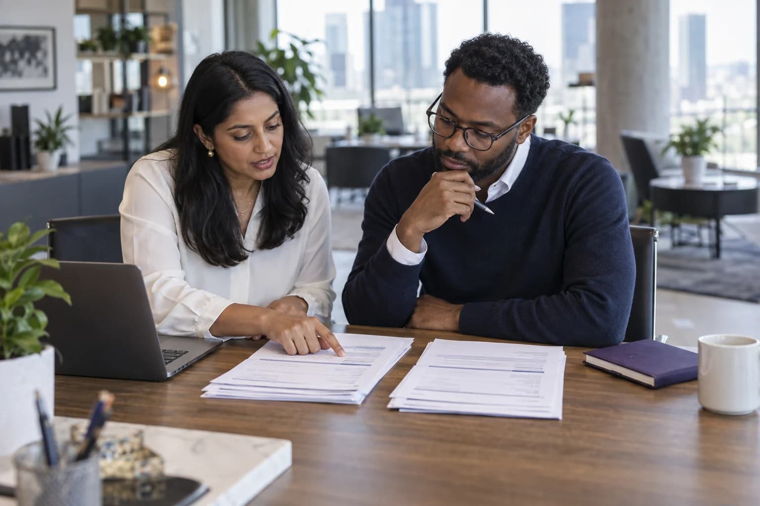 AI-generated scene of a recruiter and hiring manager reviewing candidate evidence together.