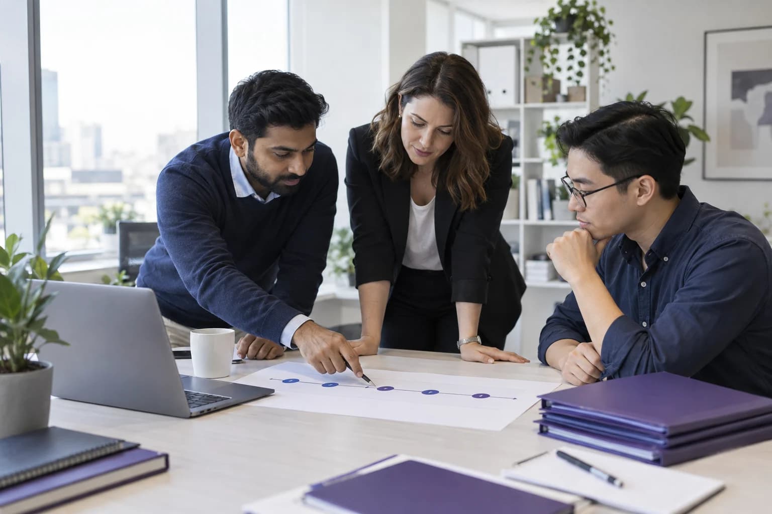AI-generated scene of HR, a manager and IT coordinating workforce milestones.