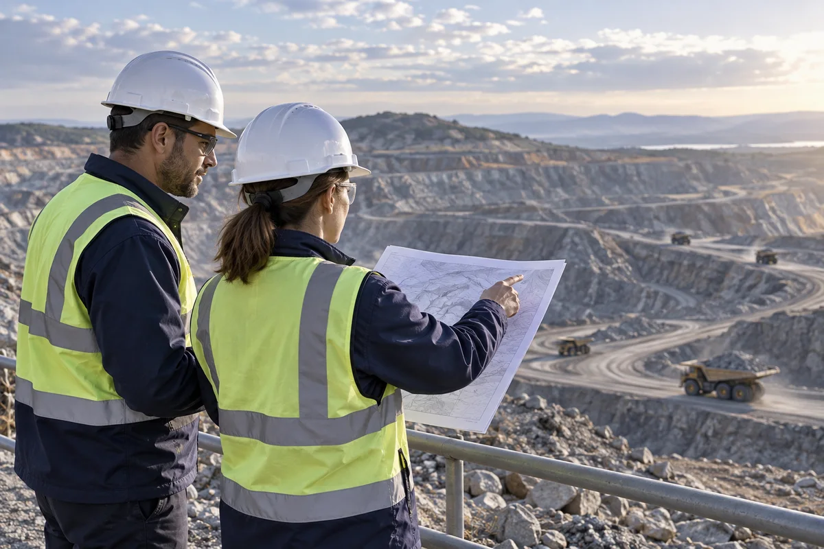 Mining engineers reviewing an operational site plan
