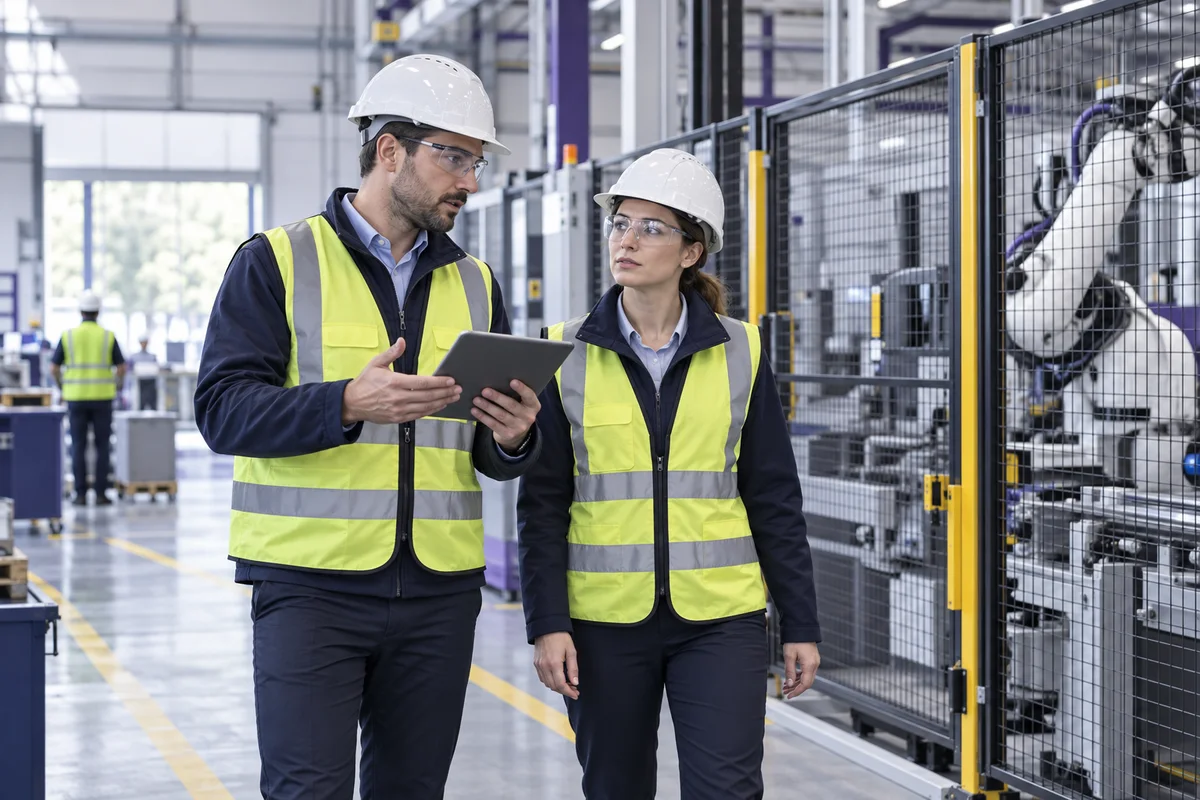 Safety supervisors reviewing an industrial workplace