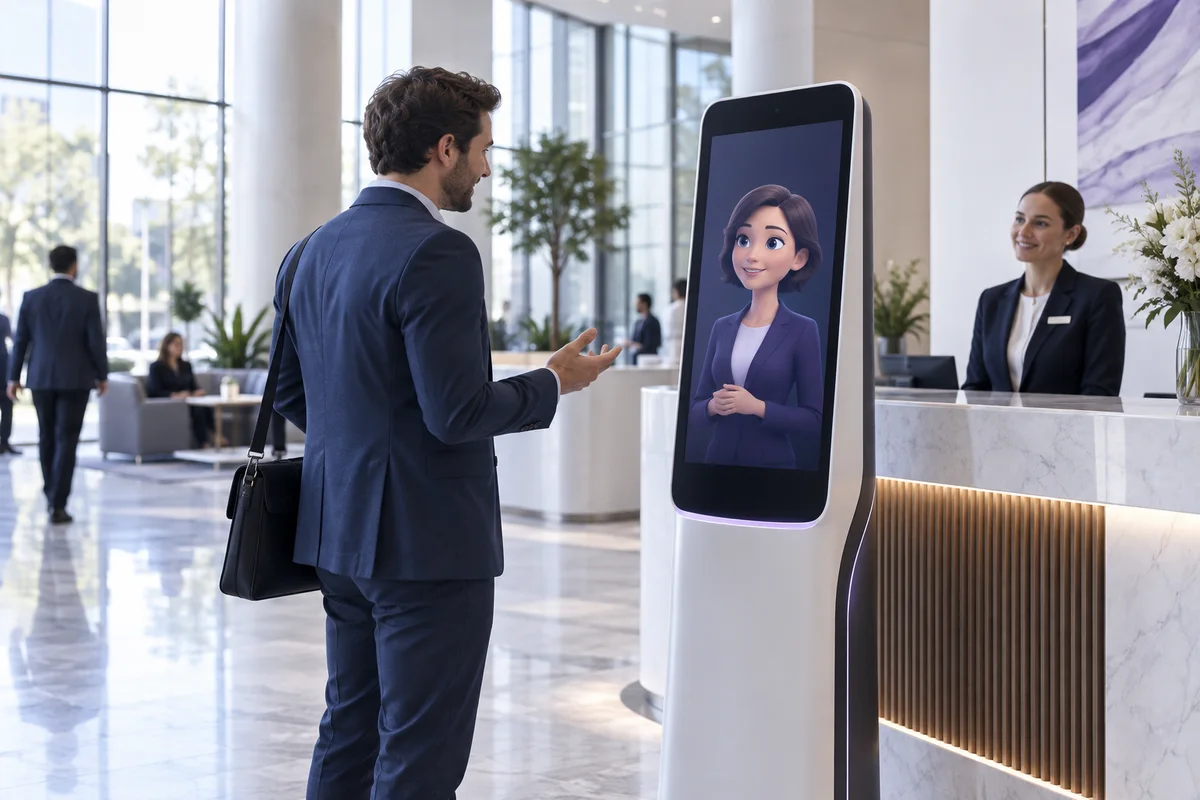 Visitor interacting with an illustrative digital assistant in a corporate lobby